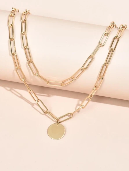 Altın Renk Dikdörtgen Zincir Yuvarlak Pul Charm Katmanlı Kolye - 2