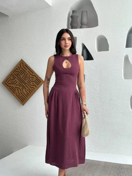 Kolsuz Uzun Kabardin Elbise - Bordo - Resim 7