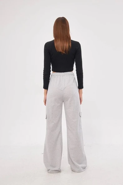 Kargo Cepli Palazzo Oversize Kesim İki iplik Bol Paça Eşofman Altı Pantalon - Gri - Resim 8