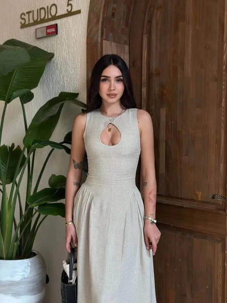 Kolsuz Uzun Kabardin Elbise - Gri - Resim 8