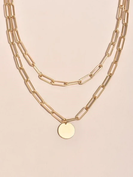 Altın Renk Dikdörtgen Zincir Yuvarlak Pul Charm Katmanlı Kolye - 3