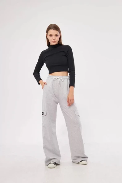 Kargo Cepli Palazzo Oversize Kesim İki iplik Bol Paça Eşofman Altı Pantalon - Gri - Resim 5