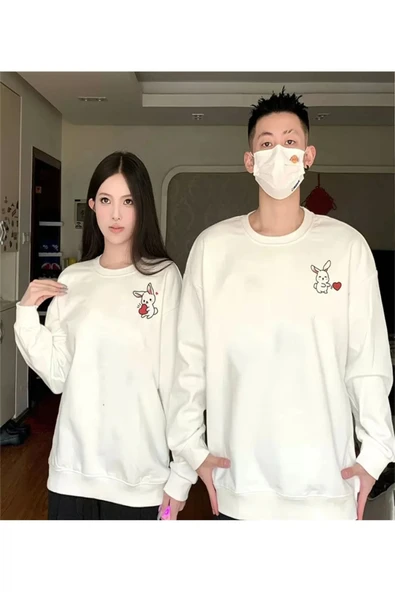 Tavşan Baskılı Sevgili Çift Kombini Kapüşonlu Sweatshirt & Hodie - Beyaz ürün görseli 1