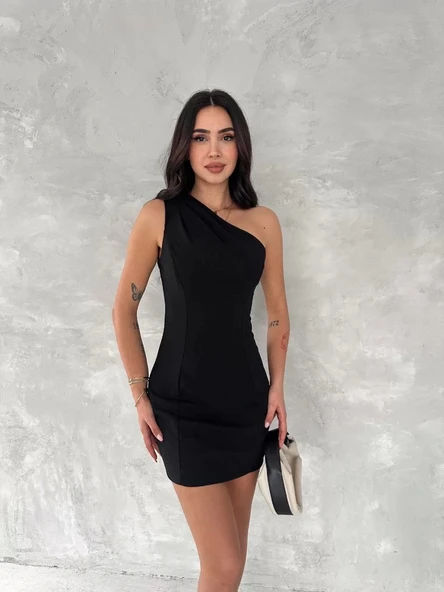 Tek Omuzlu Kolsuz Mini Boy Elbise - Siyah - Resim 2