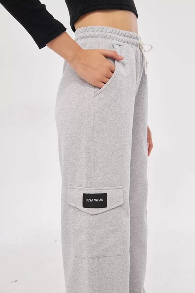 Kargo Cepli Palazzo Oversize Kesim İki iplik Bol Paça Eşofman Altı Pantalon - Gri - Resim 7