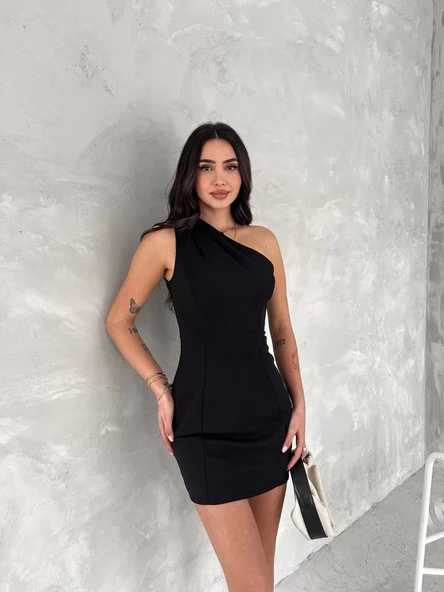 Tek Omuzlu Kolsuz Mini Boy Elbise - Siyah - Resim 6