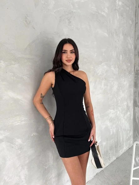 Tek Omuzlu Kolsuz Mini Boy Elbise - Siyah - Resim 5