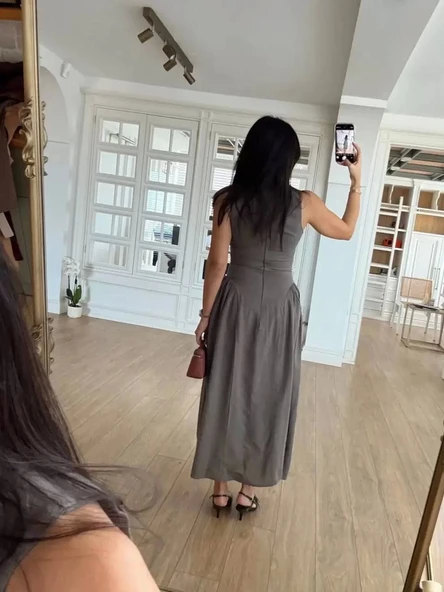 Kolsuz Uzun Kabardin Elbise - Gri - Resim 2