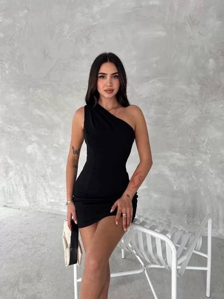 Tek Omuzlu Kolsuz Mini Boy Elbise - Siyah ürün görseli 1