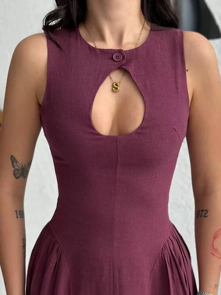 Kolsuz Uzun Kabardin Elbise - Bordo - Resim 5