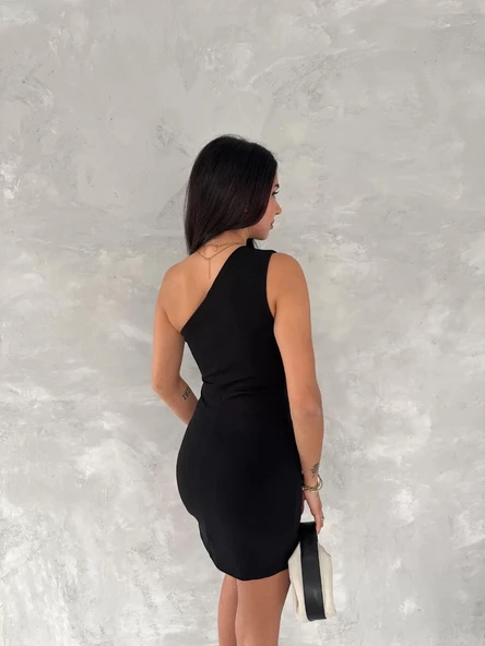 Tek Omuzlu Kolsuz Mini Boy Elbise - Siyah - Resim 4