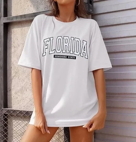 Kadın Bisiklet Yaka Baskılı T-shirt - Beyaz - Resim 3