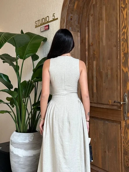 Kolsuz Uzun Kabardin Elbise - Gri - Resim 6