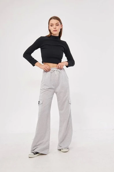 Kargo Cepli Palazzo Oversize Kesim İki iplik Bol Paça Eşofman Altı Pantalon - Gri - Resim 6