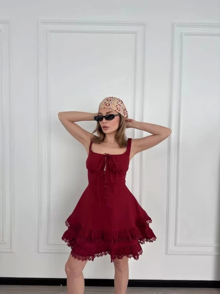 Mini Askılı Elbise - Bordo - Resim 6