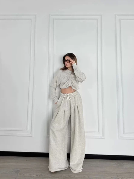 Uzun Kollu Önü İp Büzgülü Crop ve Pantolon İkili Takım - Gri - Resim 7