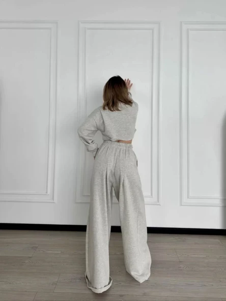 Uzun Kollu Önü İp Büzgülü Crop ve Pantolon İkili Takım - Gri - Resim 3