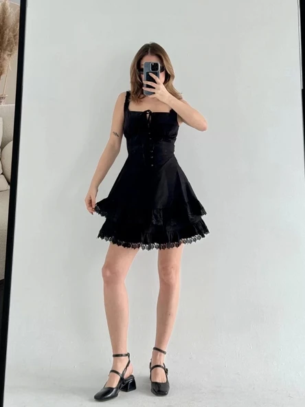 Mini Askılı Elbise - Siyah - 8