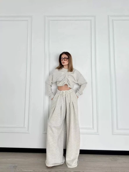 Uzun Kollu Önü İp Büzgülü Crop ve Pantolon İkili Takım - Gri - Resim 4