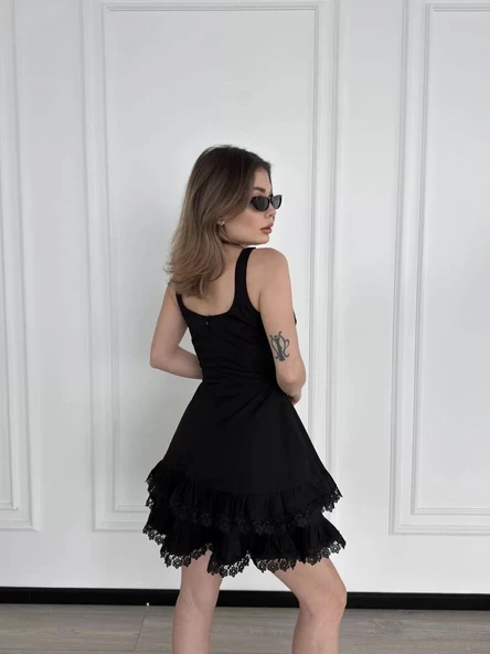 Mini Askılı Elbise - Siyah - 7