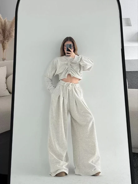 Uzun Kollu Önü İp Büzgülü Crop ve Pantolon İkili Takım - Gri - Resim 8