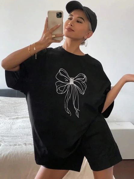 Kadın Baskılı Oversize T-shirt - Siyah - Resim 7
