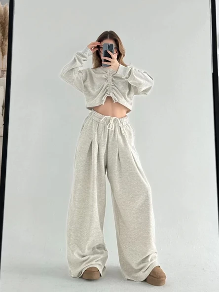 Uzun Kollu Önü İp Büzgülü Crop ve Pantolon İkili Takım - Gri - Resim 5