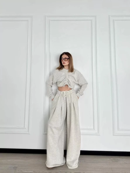 Uzun Kollu Önü İp Büzgülü Crop ve Pantolon İkili Takım - Gri ürün görseli 1