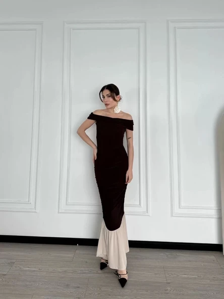 Striptiz Omuzlu Uzun Elbise- Kahve ürün görseli 1