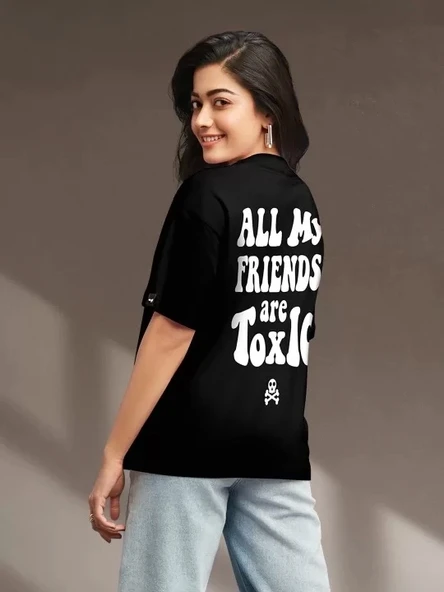 Kadın Baskılı Oversize T-shirt - Siyah - Resim 4