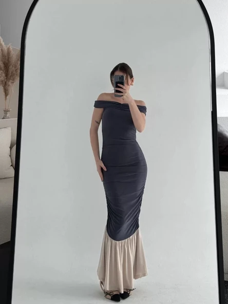 Striptiz Omuzlu Uzun Elbise- Füme - Resim 5