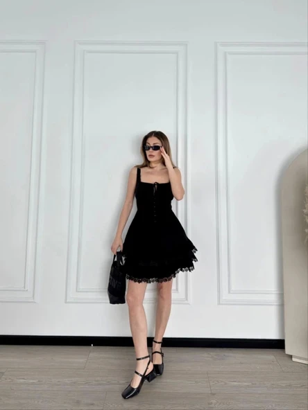 Mini Askılı Elbise - Siyah - 6