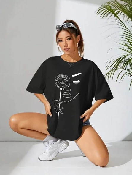 Kadın Baskılı Oversize T-shirt - Siyah - Resim 2