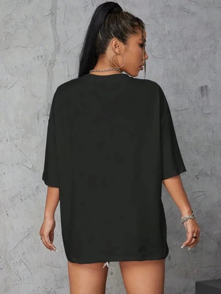 Kadın Baskılı Oversize T-shirt - Siyah - Resim 2