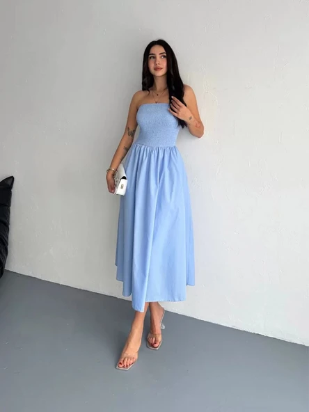 Straplez Pileli Elbise - Açık Mavi ürün görseli 1