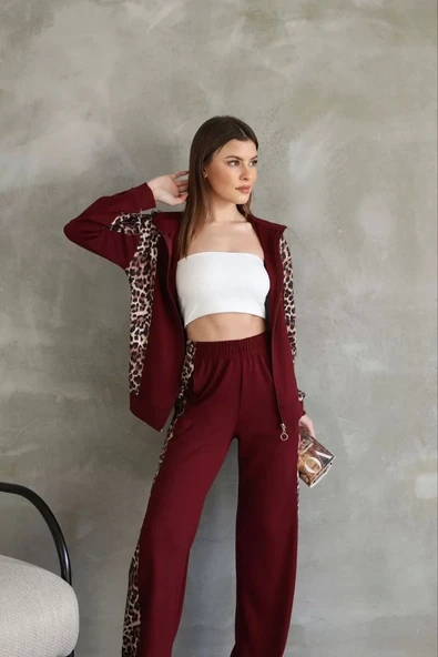 Osy Modal Yumuşak Dokulu Kumaş Kapüşonlu Leopar Desenli Fermuarlı Takım - Bordo ürün görseli