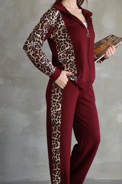 Osy Modal Yumuşak Dokulu Kumaş Kapüşonlu Leopar Desenli Fermuarlı Takım - Bordo - Resim 3