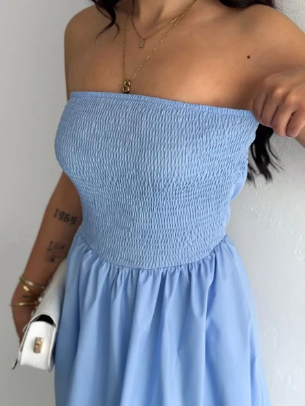 Straplez Pileli Elbise - Açık Mavi - Resim 5