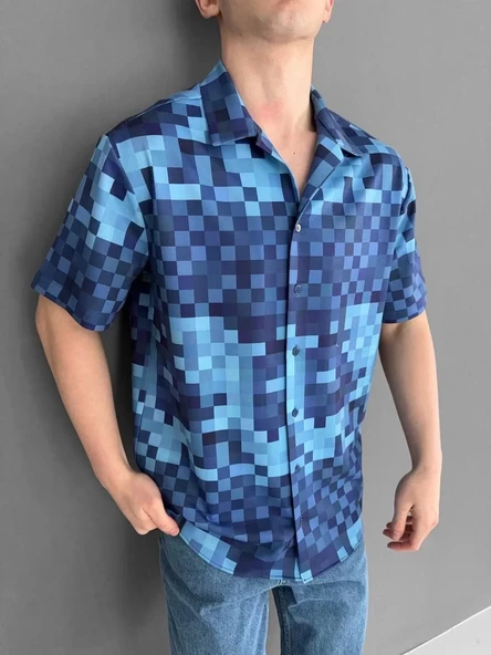 İki İplik Kumaş Baskılı Gömlek - Mavi ürün görseli 1