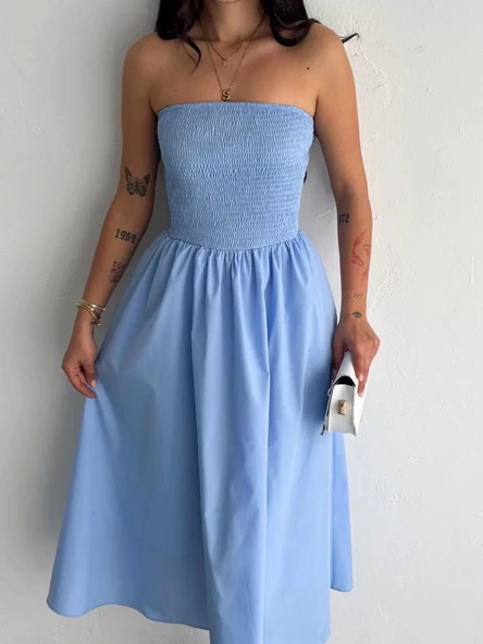 Straplez Pileli Elbise - Açık Mavi - Resim 6