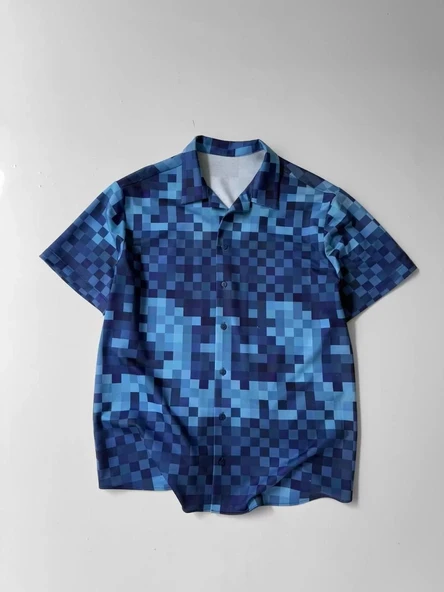 İki İplik Kumaş Baskılı Gömlek - Mavi - Resim 2