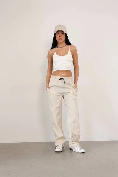 Paraşüt Kumaş Kargo Ceplı Baggy Eşofman- Bej ürün görseli 1