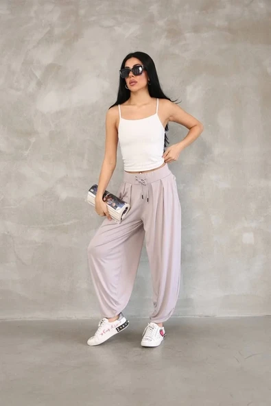 Osy Modal Yumuşak Dokulu Kumaş Şalvar Pantalon - Bej - Resim 2