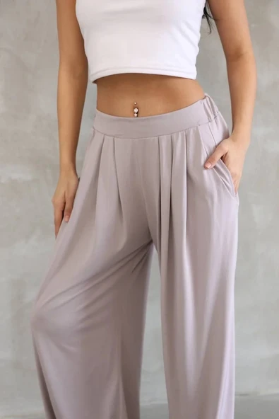 Osy Modal Yumuşak Dokulu Kadın Kumaş Boru Paça Salaş Eşofman - Bej - 2