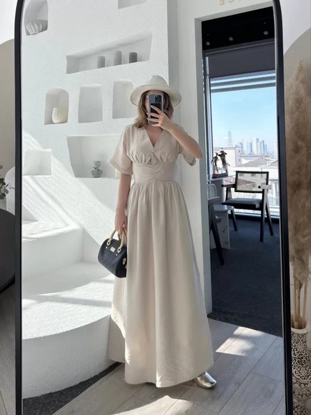 Kısa Kollu Uzun Elbise - Kırık Beyaz - Resim 4