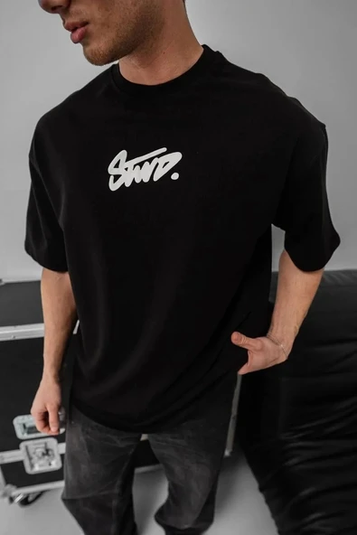 Erkek Baskılı Oversize T-shirt - Siyah - Resim 3
