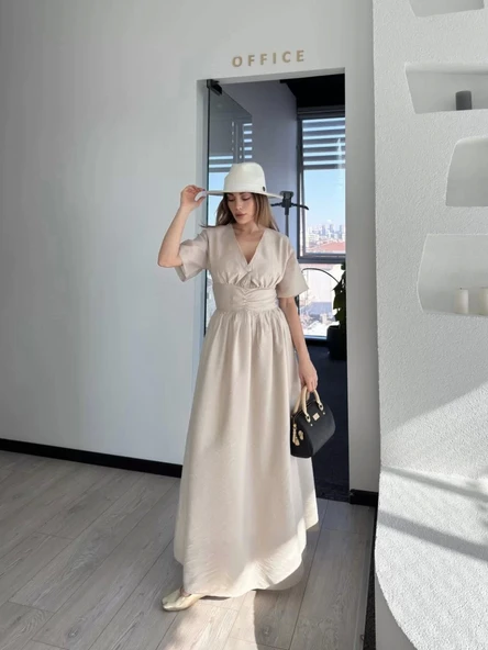 Kısa Kollu Uzun Elbise - Kırık Beyaz ürün görseli 1