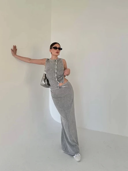 Uzun Etekli Önü Düğmeli Badi İkili Takım- Gri - Resim 2