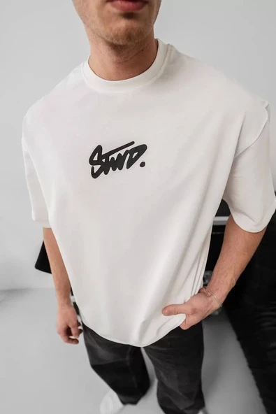 Erkek Baskılı Oversize T-shirt - Beyaz - Resim 2