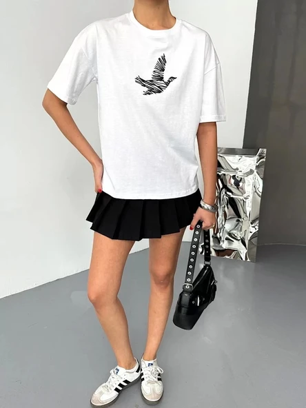 Kısa Kol Baskılı T-shirt - Beyaz - Resim 7